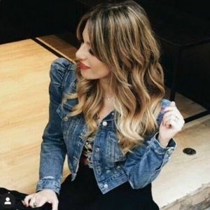 NWT Cropped Puff Sleeve Distressed Denim Jacket